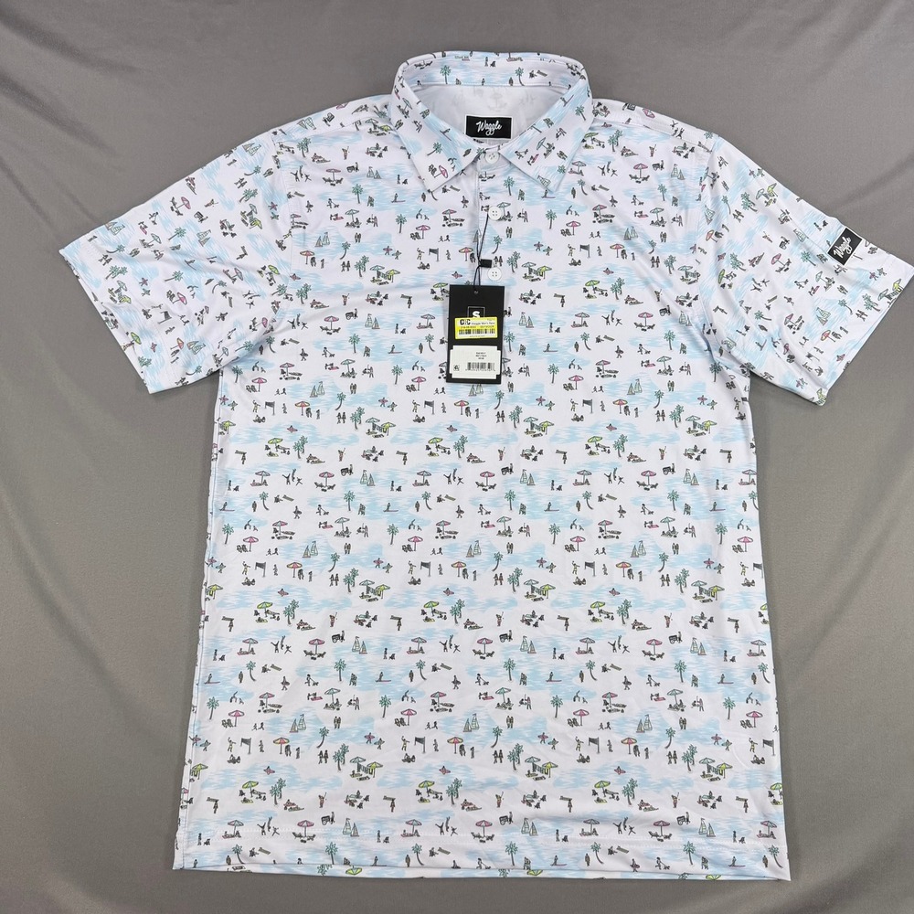 Waggle Mens S White Poly Blend Beached It Golf Polo Shirt Short Sleeve Novelty - Picture 1 of 7